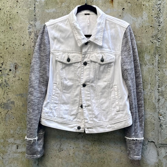Free People Distressed Knit / Denim Jacket, Gray / White Jean, Medium - Picture 4 of 17